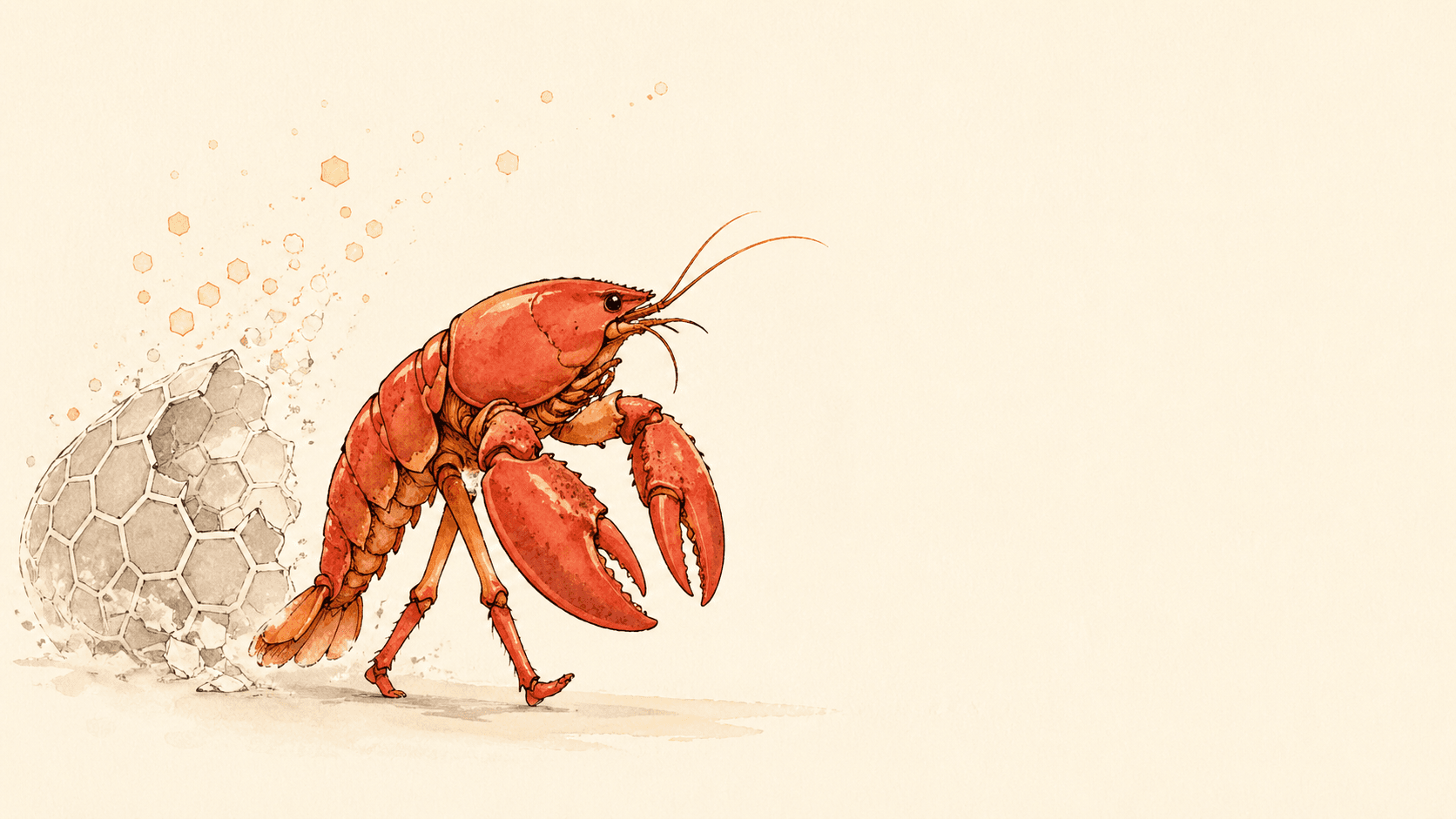 Larry the lobster stepping out of a cracked hexagonal shell - Molt mascot illustration